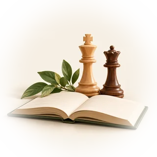 Illustration of a lesson recap: an open notebook next to chess pieces
